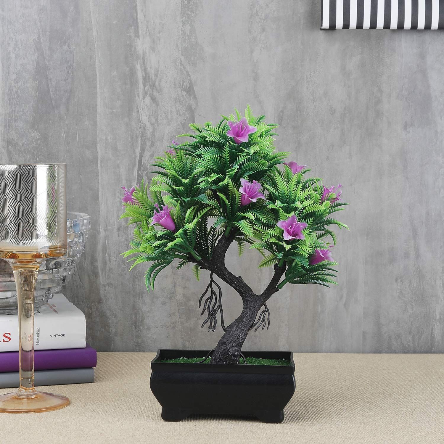 FOLIYAJ Artificial Y Shaped Bonsai Tree with Green Leaves and Purple Flowers|Bonsai Tree|Artificial Flower|Home Decor for Living Room|Gifting