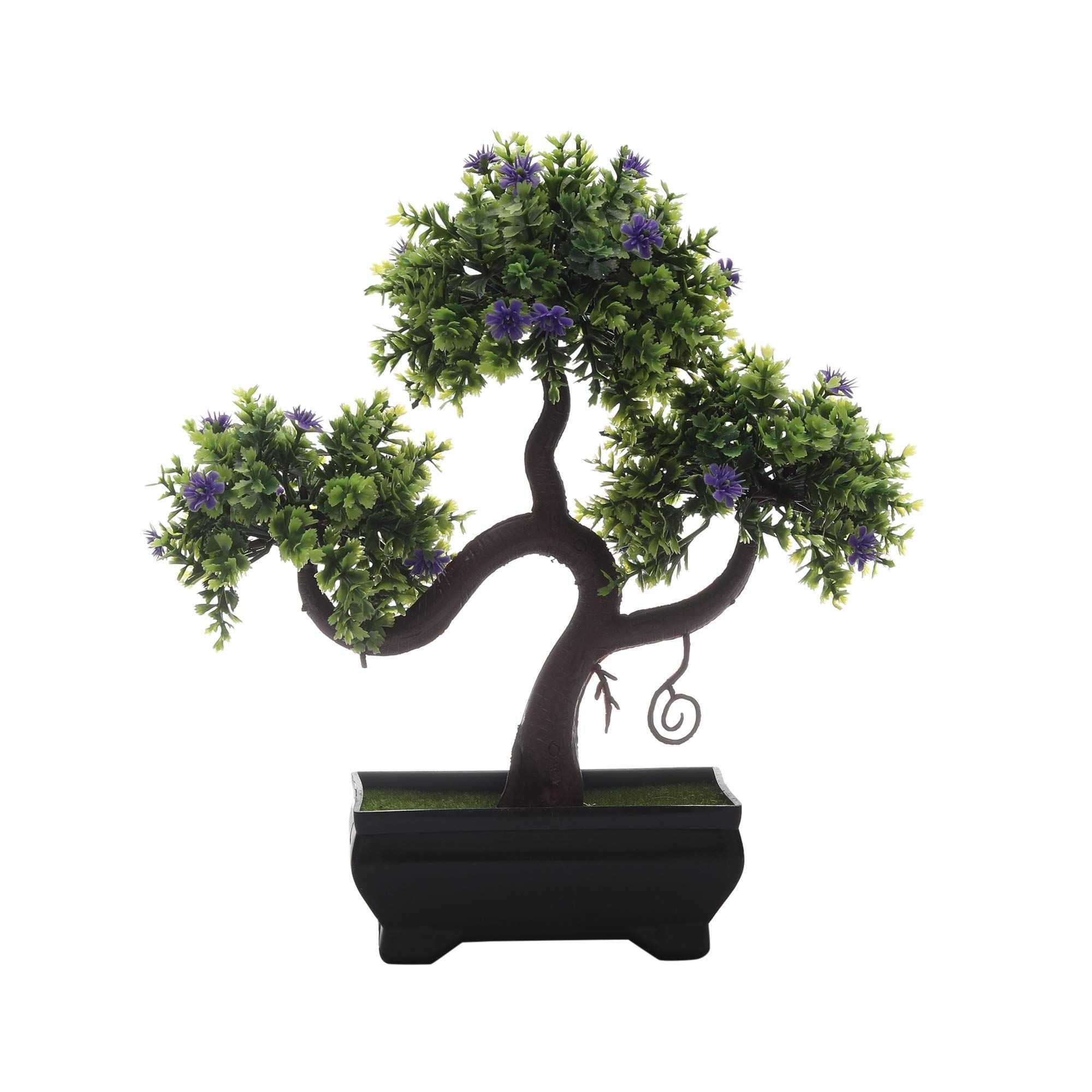 FOLIYAJ Artificial Plant Bonsai Tree with Pot for Home Decor Living Room Office (23 cm x 10 cm x 23 cm, FYJ-BPT-B-SSHPRNDGRNLEVPURFLW)