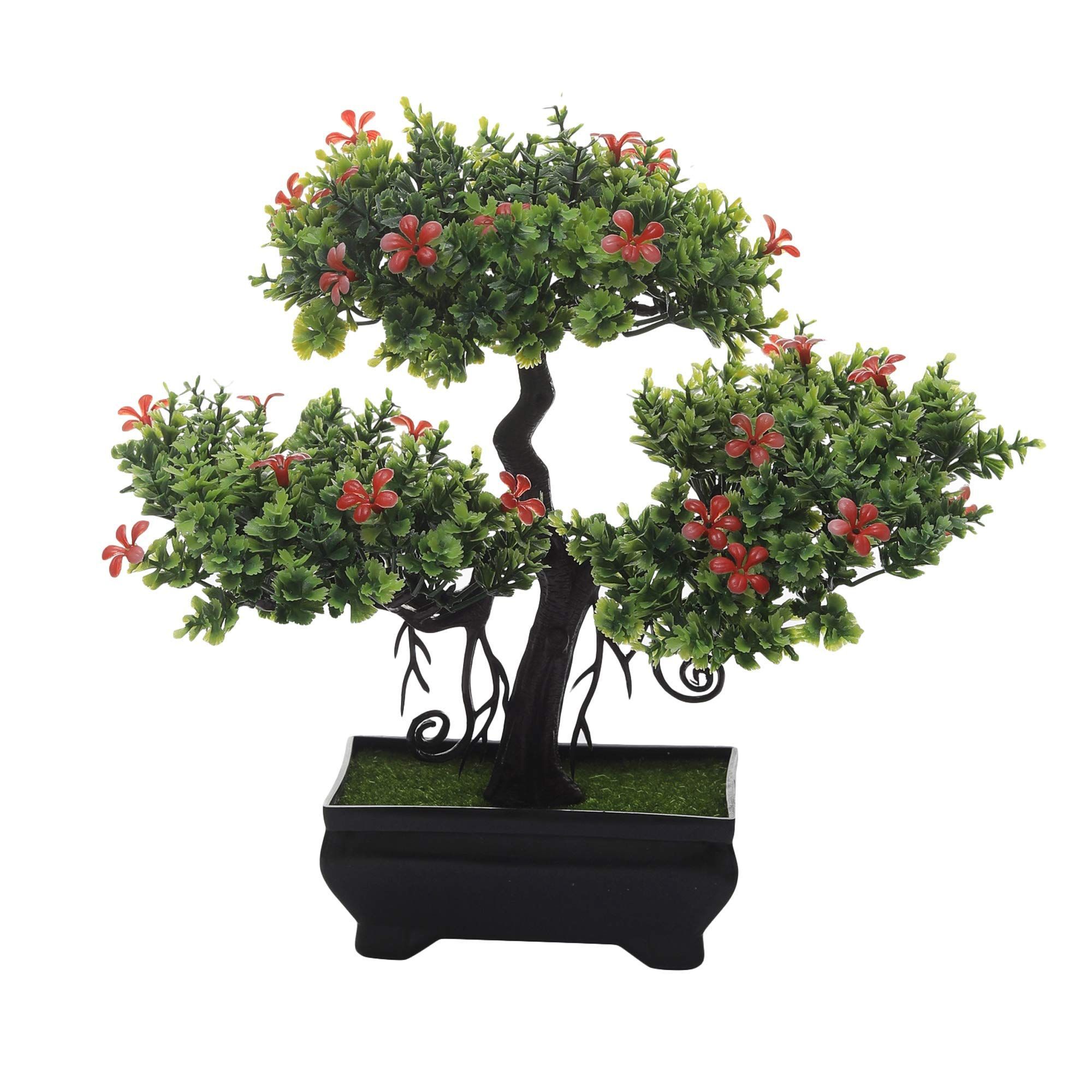 FOLIYAJ Artificial 3 Headed Bonsai Tree with Small Red Flowers