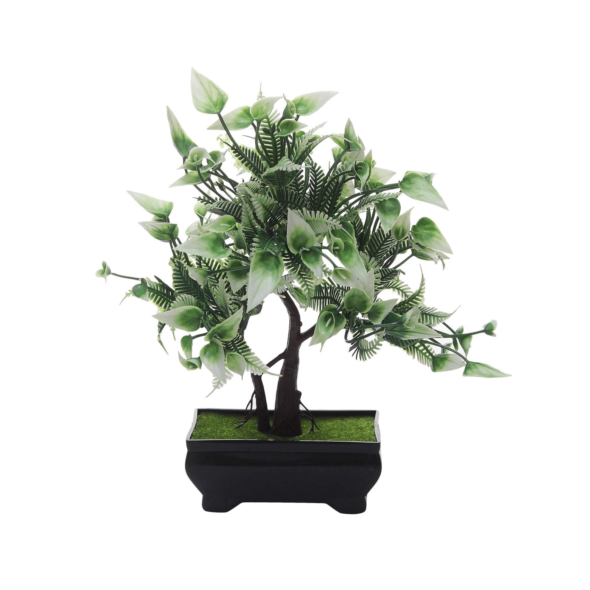 FOLIYAJ Artificial Twin Trunked Bonsai Tree with Green White Leaves and Flowers