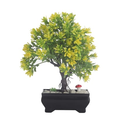 FOLIYAJ 3 Branched Bonsai Tree with Greenish Yellow Leaves|Bonsai Tree|Artificial Flower|with Pot|Home Decor for Living Room Home Office Shop|House|Gift|Decoration