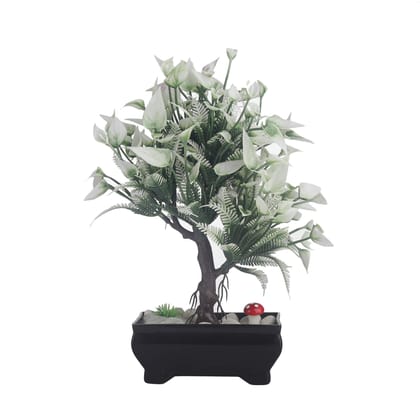 FOLIYAJ 3 Branched Bonsai Tree with Large Greenish White Leaves and Flowers|Bonsai Tree|Artificial Flower|with Pot|Home Decor for Living Room Home Office Shop|House|Gift|Decoration