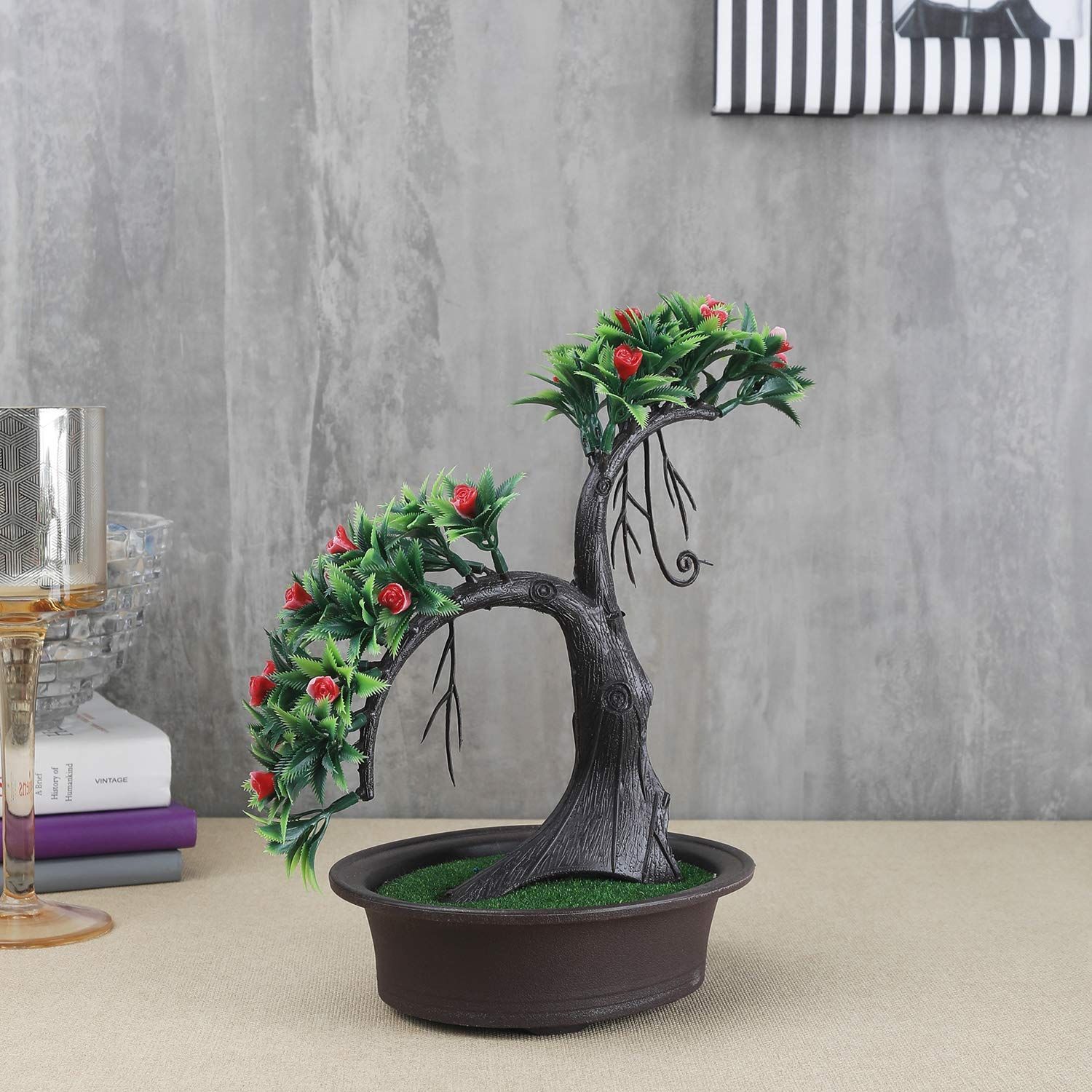 FOLIYAJ Artificial Shoe Horn Shaped Bonsai Tree with Small Red Flowers|Bonsai Tree|Artificial Flower|Home Decor for Living Room|Gifting