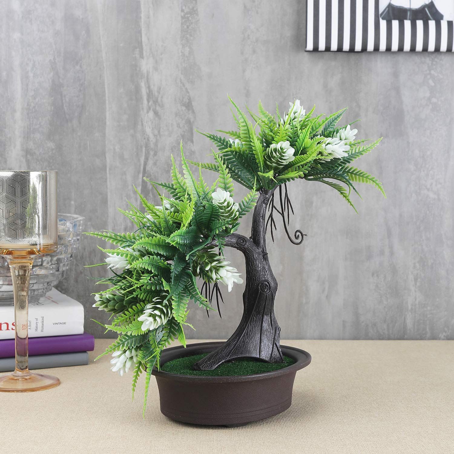 FOLIYAJ Artificial Shoe Horn Shaped Bonsai Tree with Tall White Buds and Fern Leaves|Bonsai Tree|Artificial Flower|Home Decor for Living Room|Gifting