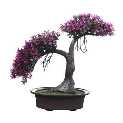 FOLIYAJ Artificial Shoe Horn Shaped Bonsai Tree with Magenta Leaves with Pot|Bonsai Tree|Artificial Flower|with Pot|Home D�cor for Living Room Home Office Shop|House|Gift|Decoration