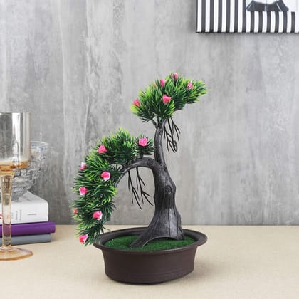 FOLIYAJ Artificial Shoe Horn Shaped Bonsai Tree with Bushy Green Leaves and Small Pink Flowers|Bonsai Tree|Flower|Home Decor for Living Room|Gifting