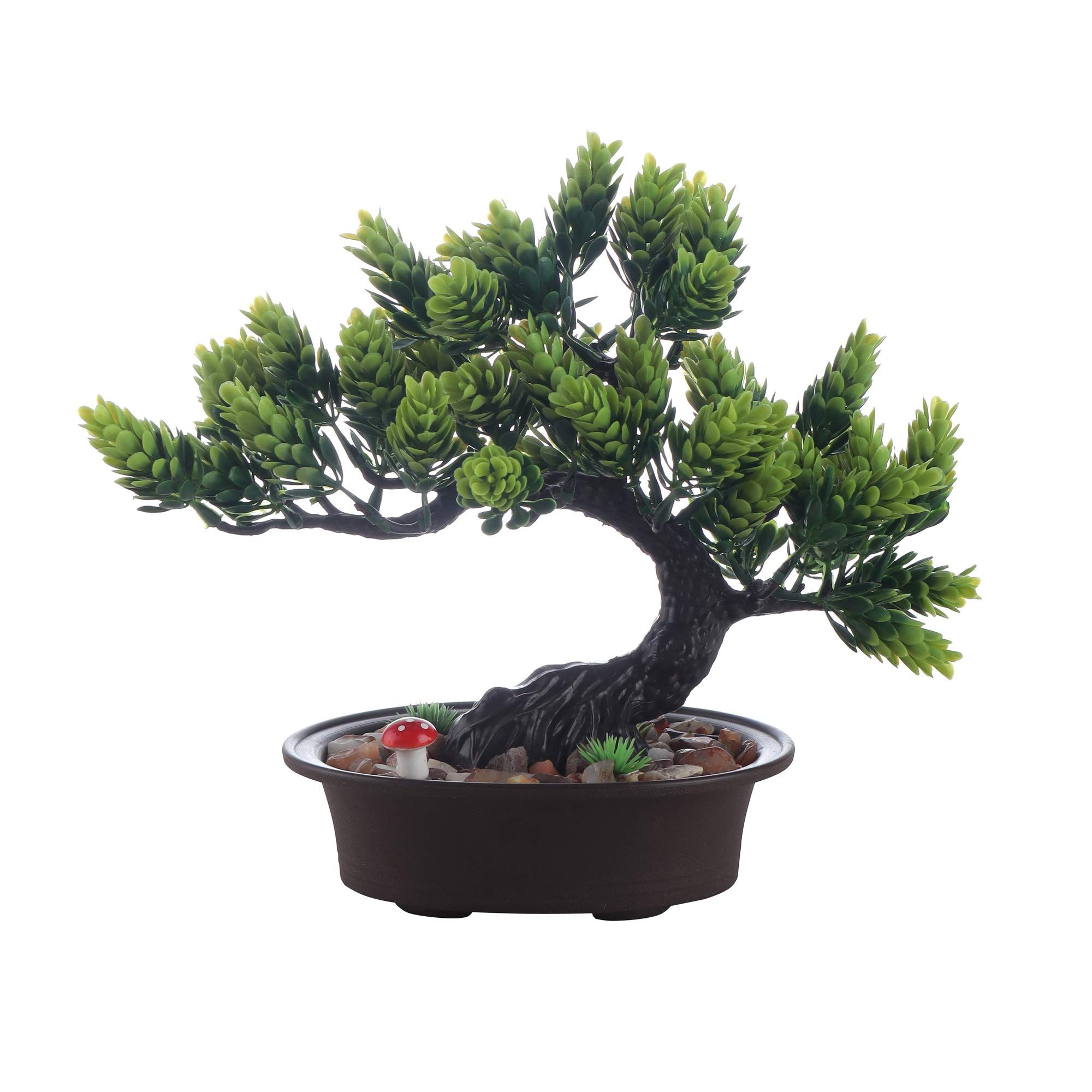 FOLIYAJ Artificial Bent Bonsai Tree with Tall Bud Shaped Green Leaves with Pot for Home Decor, Hangings,Living Room,Office