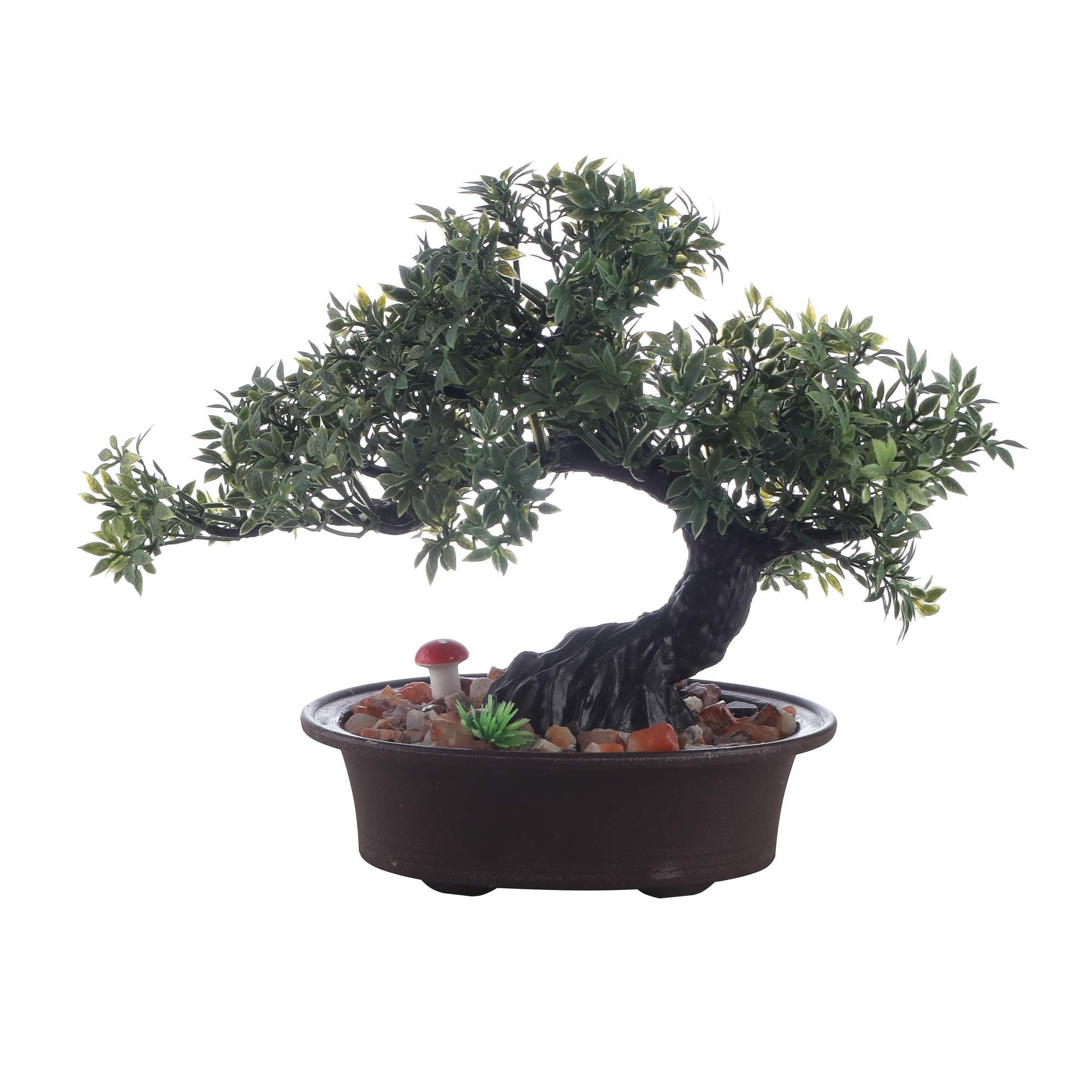 FOLIYAJ Artificial Bent Bonsai Tree with Small Green Leaves and Pot,Artificial Plants with Pot for Home Decor, Hangings,Living Room,Office