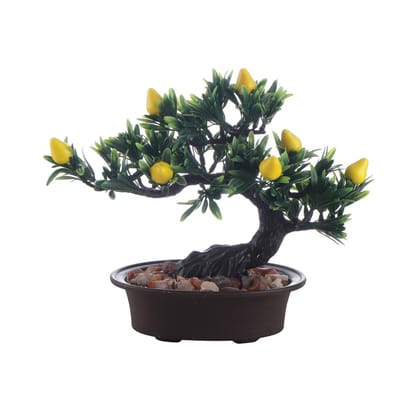 FOLIYAJ Artificial Bent Bonsai Yellow Pear Tree Plant with Pot for Home Decor, Hangings,Living Room,Office