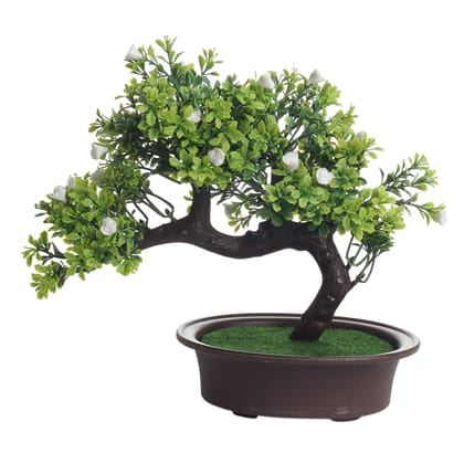 FOLIYAJ Artificial Bent Bonsai Tree with Green Leaves and Small White Flowers with Pot|Bonsai Tree|Artificial Flower|with Pot|Home Decor for Living Room Home Office Shop|House|Gift|Decoration