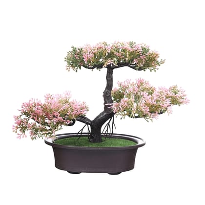 FOLIYAJ Artificial 3 Head Bonsai Tree with Pink Leaves with Pot|Bonsai Tree|Artificial Flower|with Pot|Home D�cor for Living Room Home Office Shop|House|Gift|Decoration