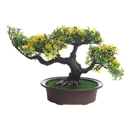 FOLIYAJ Artificial 4 Head Bonsai Tree with Green Yellow Leaves with Pot|Bonsai Tree|Artificial Flower|with Pot|Home Decor for Living Room Home Office Shop|House|Gift|Decoration