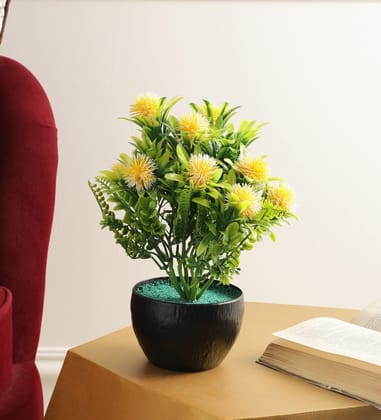 Foliyaj Artificial Plant with Pot and Round Yellow Flowers|Bonsai Tree|Artificial Flower|with Pot|Home D�cor for Living Room Home Office Shop|House|Gift|Decoration