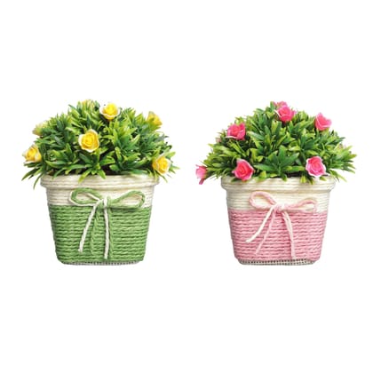 Foliyaj Artificial Flower Plants with Pot for Home Decor Living Room (Multicolour, 13 cm x 13 cm x 15 cm) - Combo Set of 2