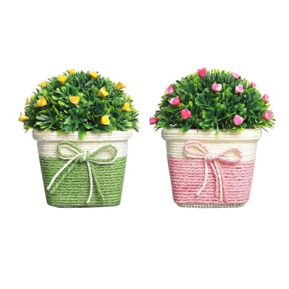 Foliyaj Combo of 2 Artificial Flower Plants with Pot for Home Decor Living Room (13 cm x 13 cm x 14 cm, Set of 2, FYJ-C-PKGRSQ-GRNLEVSMPNKYELFLW)