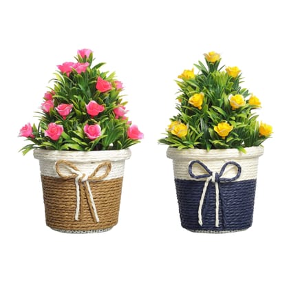 Foliyaj Combo of 2 Artificial Flower Plants with Pot for Living Room Table Indoor Home Decoration