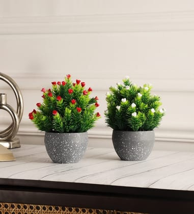 Foliyaj Set of 2 Artificial Plants with Tall Green Leaves and White and red Flowers with pots|Bonsai Tree|Artificial Flower|with Pot|Home D�cor for Living Room Home Office Shop|House|Gift|Decoration