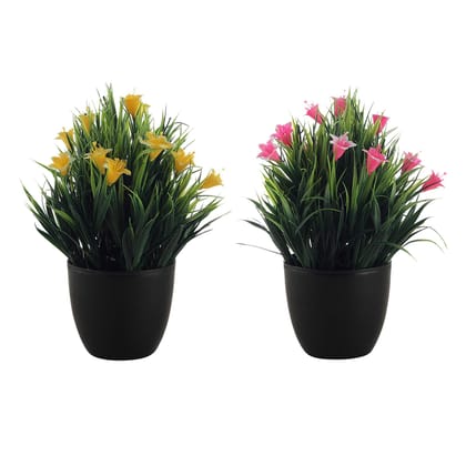 Foliyaj Combo of 2 Artificial Yellow and Pink Lily Plants with Pot,Artificial Flower Tree for Home Decor