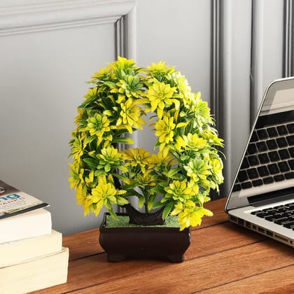 Foliyaj Artificial U Shaped Yellow Gerba with Pot