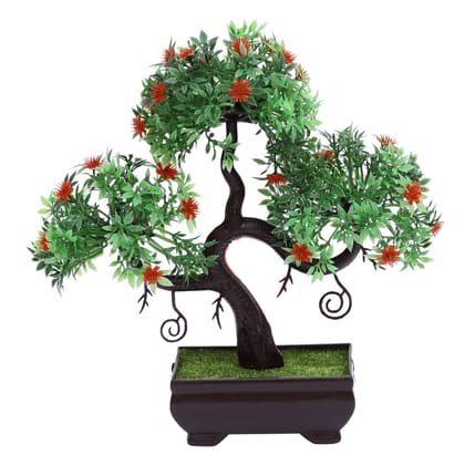 FOLIYAJ S Shaped Artificial Bonsai Tree with Small Green Leaves and Red Flowers