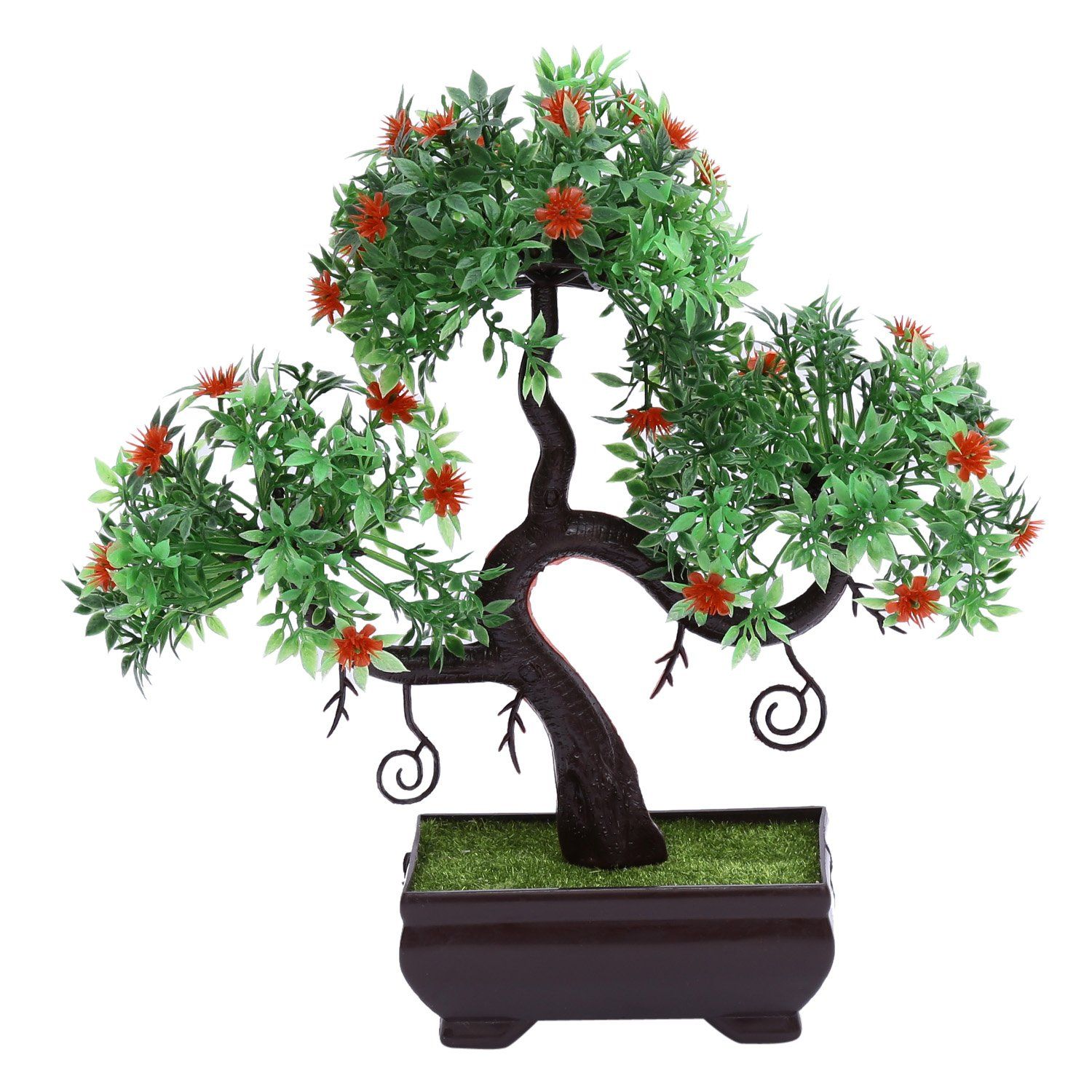 FOLIYAJ S Shaped Artificial Bonsai Tree with Small Green Leaves and Red Flowers