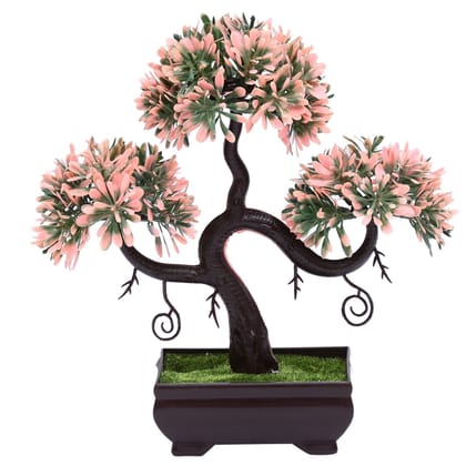 FOLIYAJ S Shaped Artificial Bonsai Tree with Green and Pink Leaves