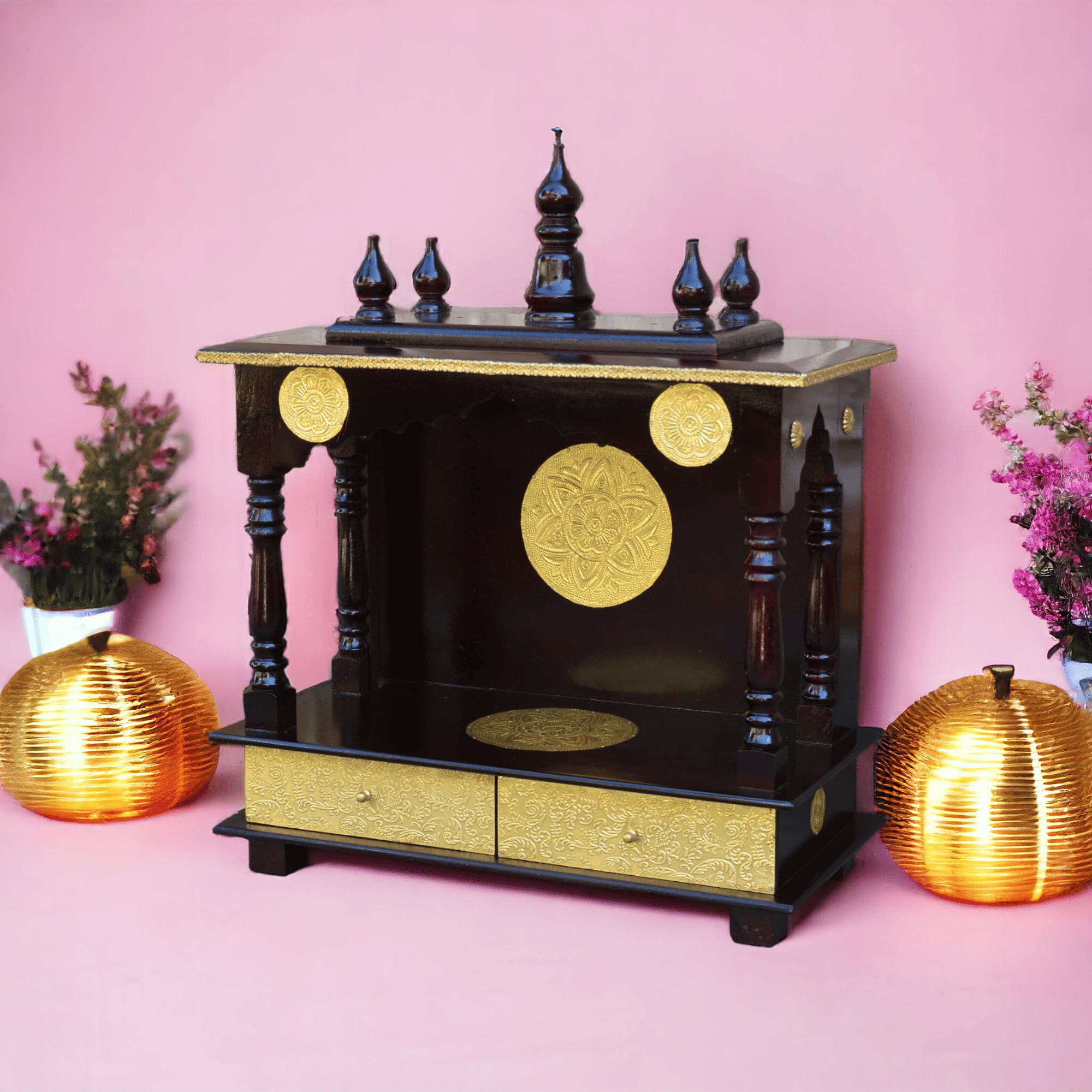 Wood Temple Mandir Handcrafted Hindu Pooja Ghar Mandap For Worship Brass Fitted Beautiful Home office Wall Decor Art