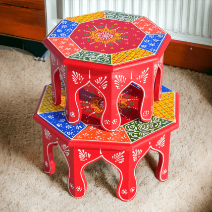 Wooden Hand Painted Octangle Stool Set of 2