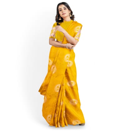 Yellow Color Big Copper Butta Saree with Unstitched Blouse