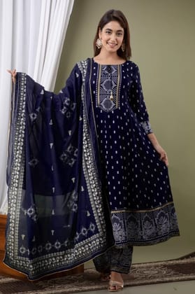 Women Rayon Printed Anarkali Kurti with Palazzo and Dupatta Set