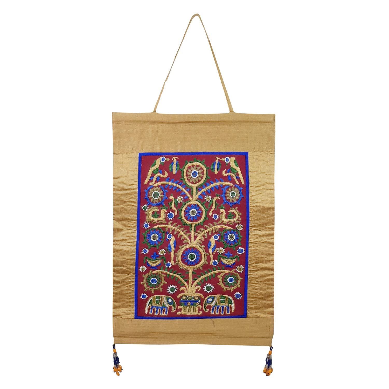 Garvi Gurjari (A Gujarat Govt Enterprise Cotton Golden Brown Hand Embroidered Wall Hangings/Decor (17� x 12�)