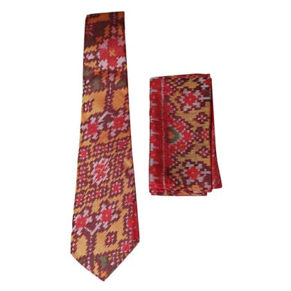 Garvi Gurjari (A Gujarat Govt Enterprise) Multicolour Silk Ikat Tie With Pocket Square