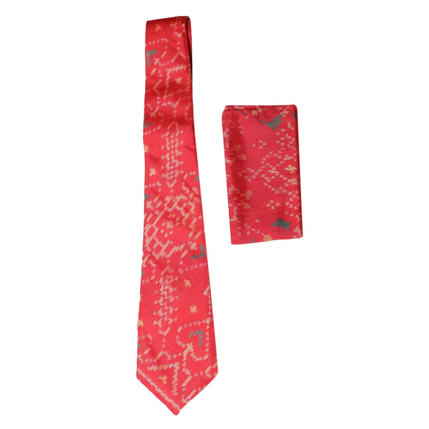 Garvi Gurjari (A Gujarat Govt Enterprise) Red Silk Ikat Tie With Pocket Square