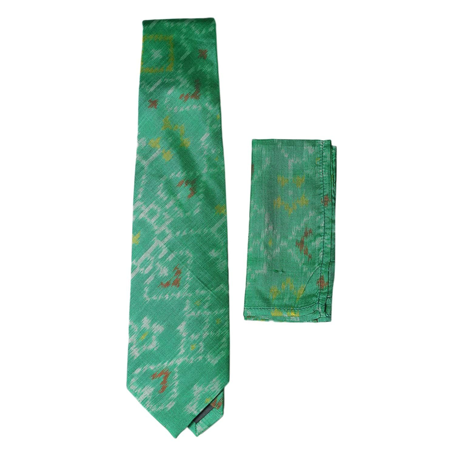 Garvi Gurjari (A Gujarat Govt Enterprise) Green Silk Ikat Tie With Pocket Square