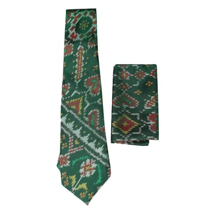 Garvi Gurjari (A Gujarat Govt Enterprise) Green Silk Ikat Tie With Pocket Square