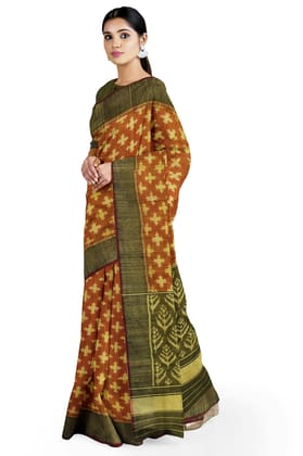 Garvi Gurjari (A Gujarat Govt Enterprise Women Mustard Yellow Handloom Raw Silk Single Ikat Patola Saree With Gold Tissue Border (GGCSIKS101)