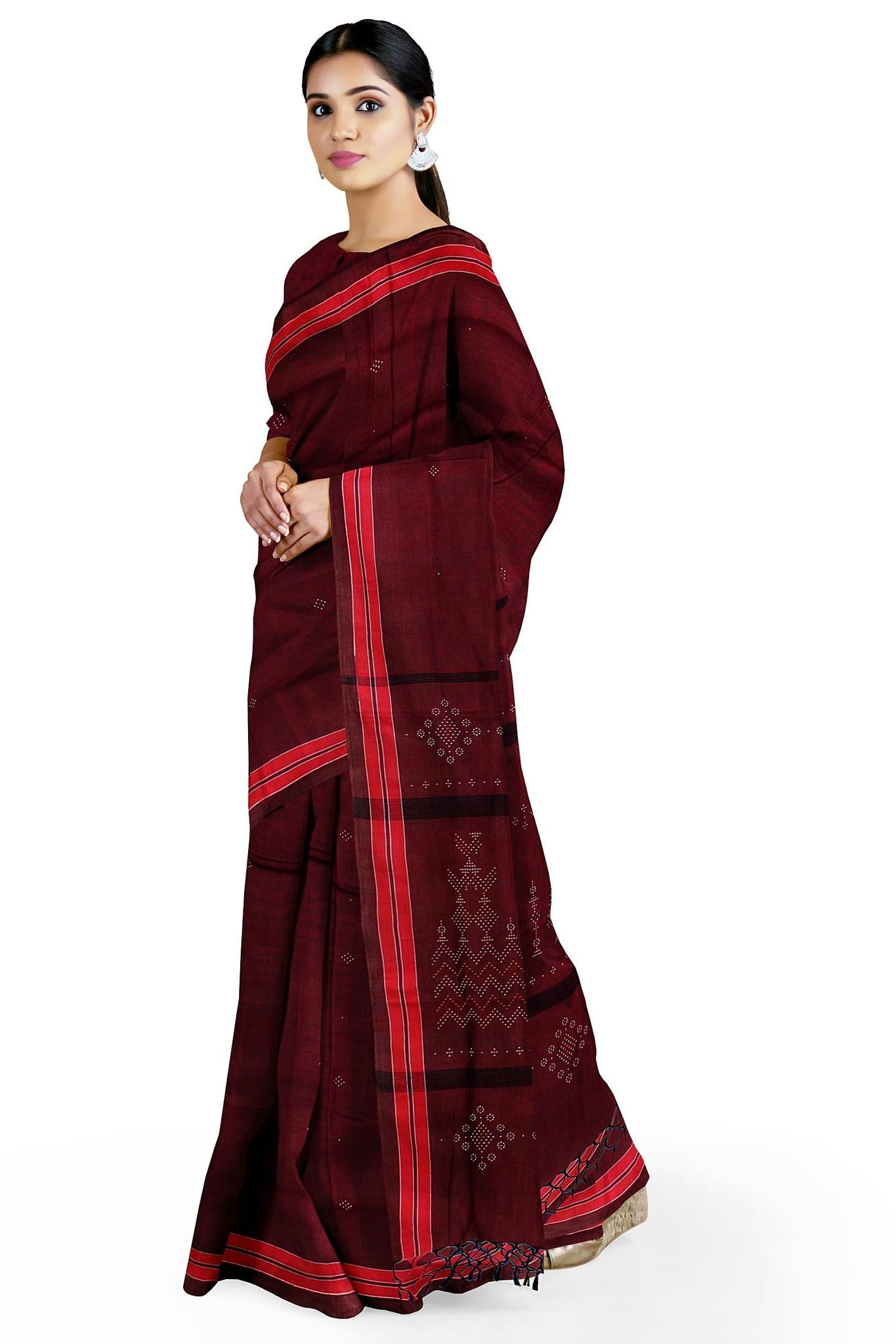 Garvi Gurjari (A Gujarat Govt Enterprise women Maroon Tangaliya Cotton Handwoven Saree(GGCSTCSS24)