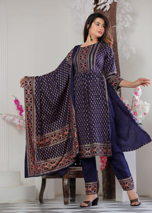 Women Rayon Printed Nayara Navy Blue Kurti Dupatta & Palazzo