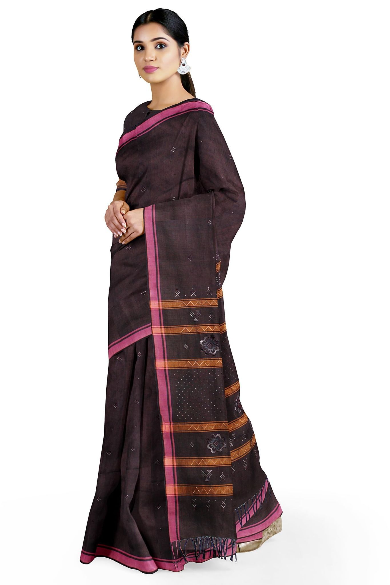 Garvi Gurjari (A Gujarat Govt Enterprise women Coffee Brown Tangaliya Cotton Silk Handwoven Saree(GGCSTCSS16)