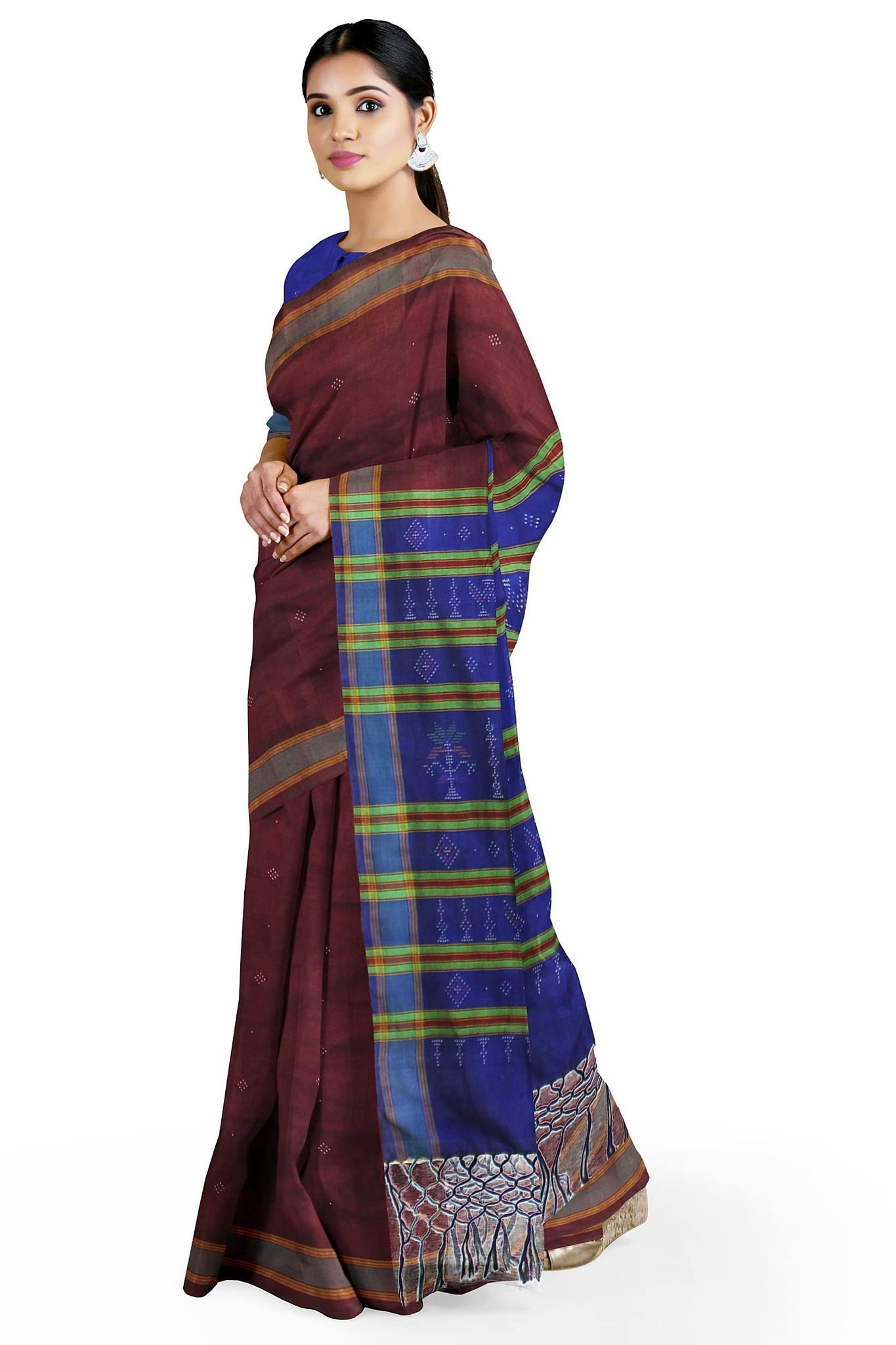 Garvi Gurjari (A Gujarat Govt Enterprise women Handwoven Maroon and Blue Cotton Silk Tangaliya Saree(GGCSTCSS11)