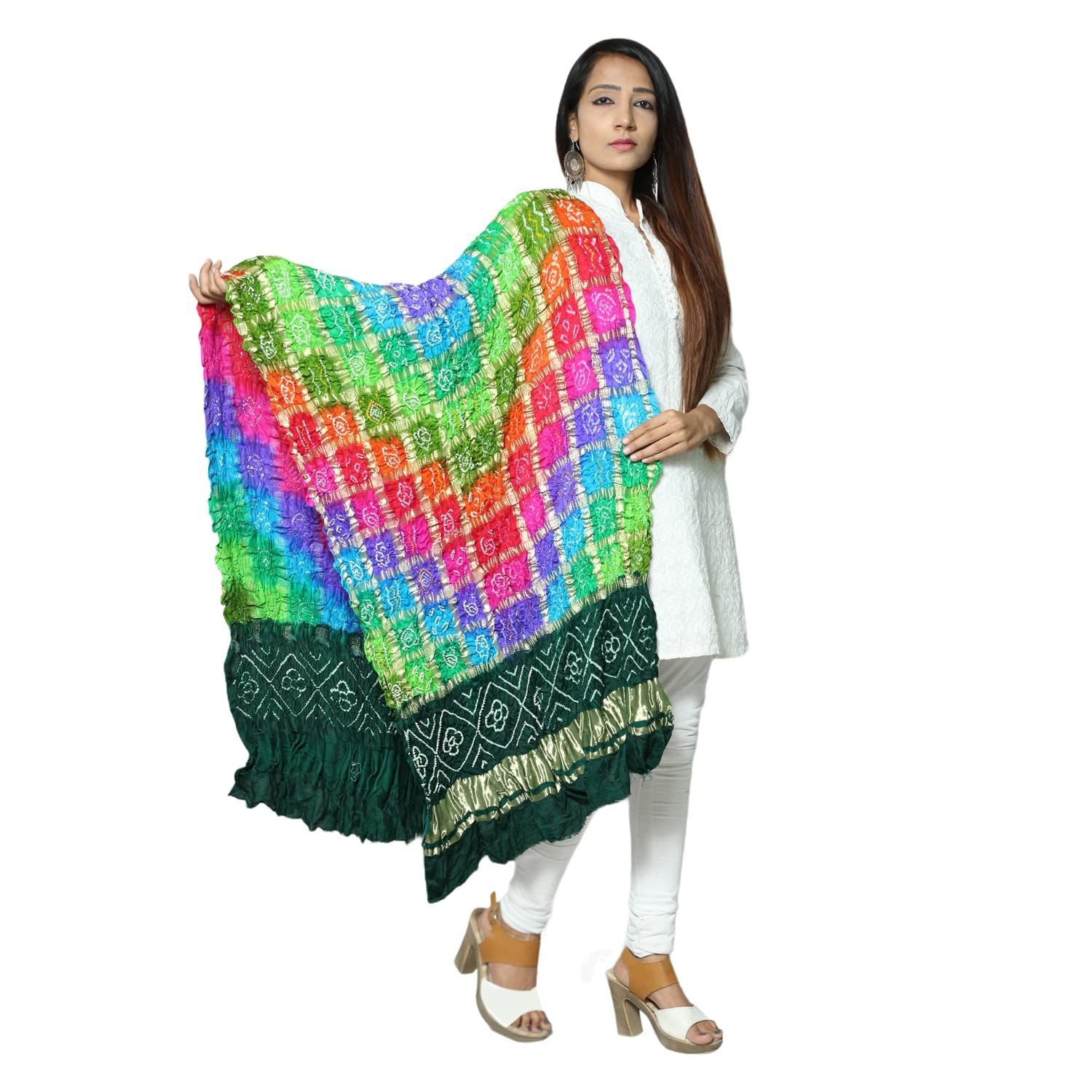 Garvi Gurjari Multicolor Gaji Silk Bandhani Dupatta with Green Border