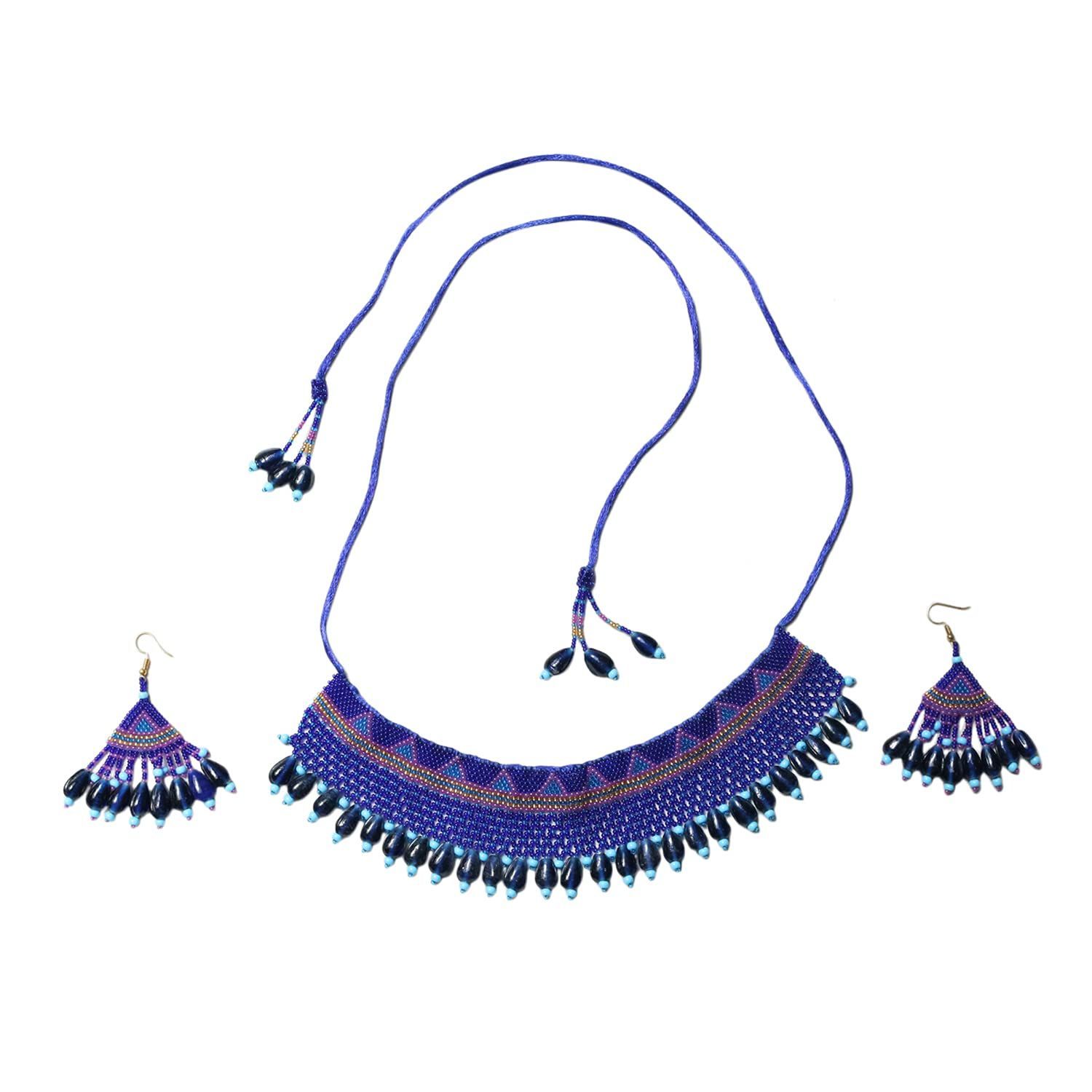 Garvi Gurjari (A Gujarat Govt Enterprise) Blue Beaded Choker Necklace Set for Women