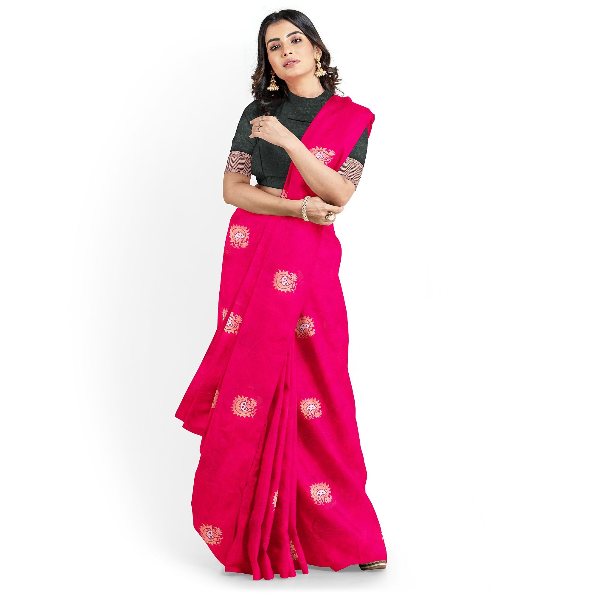 Red Color Silver & Copper Zari Floral Butta Saree with Contrast Blouse