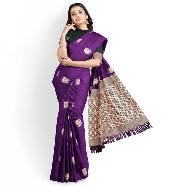 Womens new soft silk purple color zari weaving saree with unstitched contrast  blouse - SOORPRIYA - 4308791