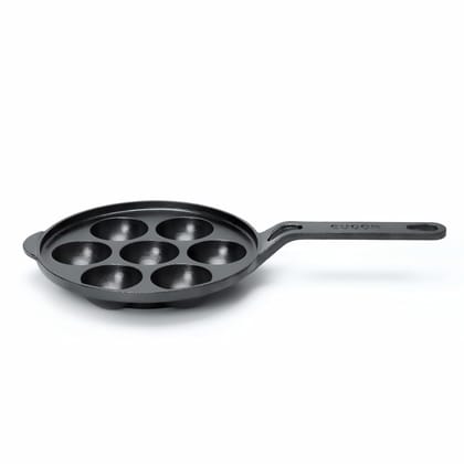 EUGOR Super Smooth Cast Iron Paniyaram Pan/Paddu Pan with Long Handle| 7 Pit, 8.3 Inch, Gas Compatible, Pre-Seasoned, 100% Toxin-Free (7Cavity Paddu)