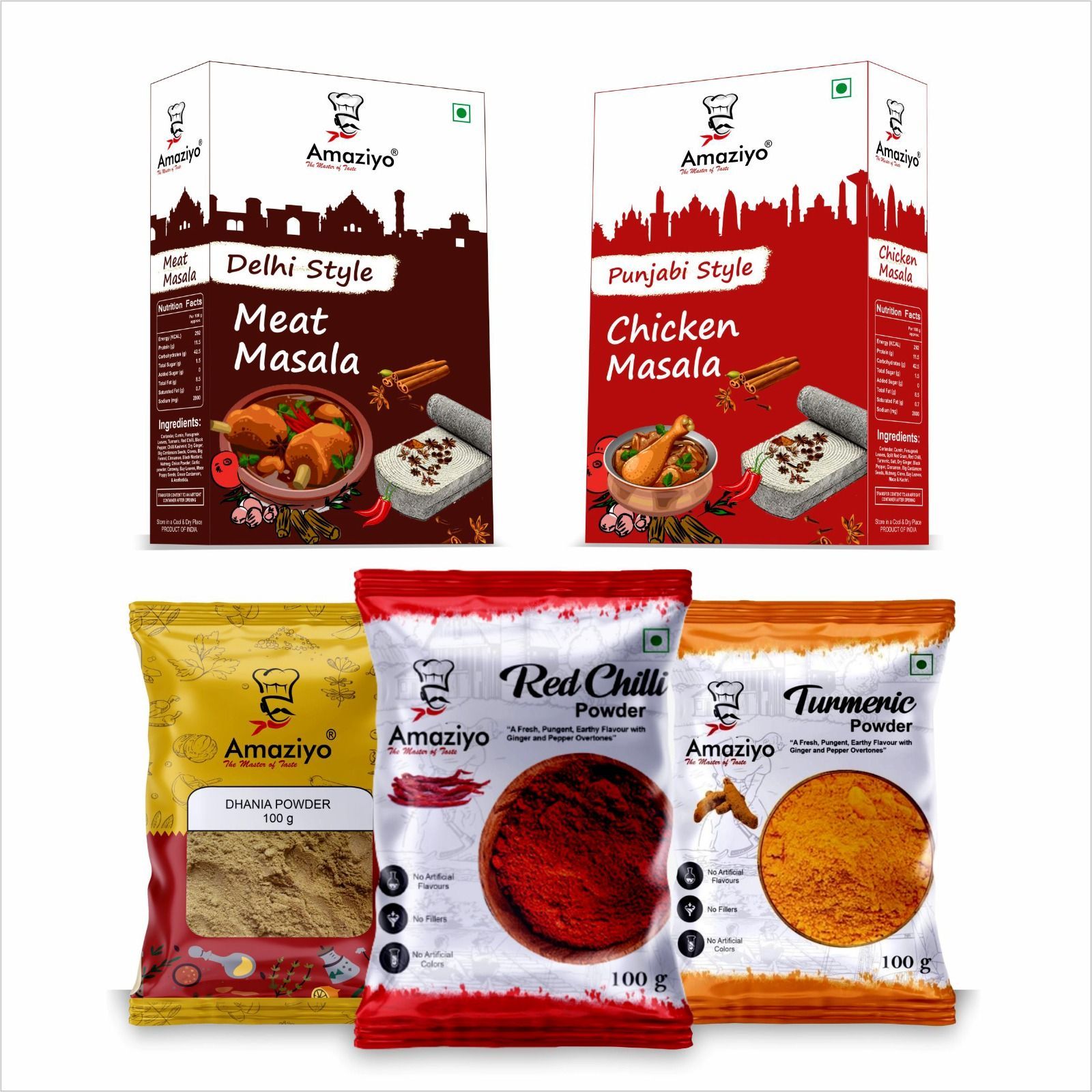 Amaziyo Non-Veg Spices Combo 450 g | Pack of 5 | Haldi Powder, Dhania Powder, Chilli Powder, Meat Masala, Chicken Masala