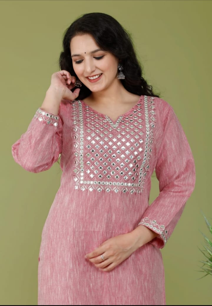 Cotton Women's Kurti and Pant, Pink