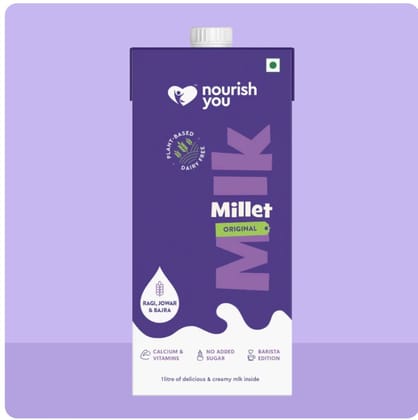 NOURISH YOU Plant Based MILLET Milk with goodness of Ragi, Jowar & Bajra - Healthy Vegan Creamy Milk Unsweetened, Anti-biotics free, Preservatives free, Dairy Free, No-added sugar (1 Litre)