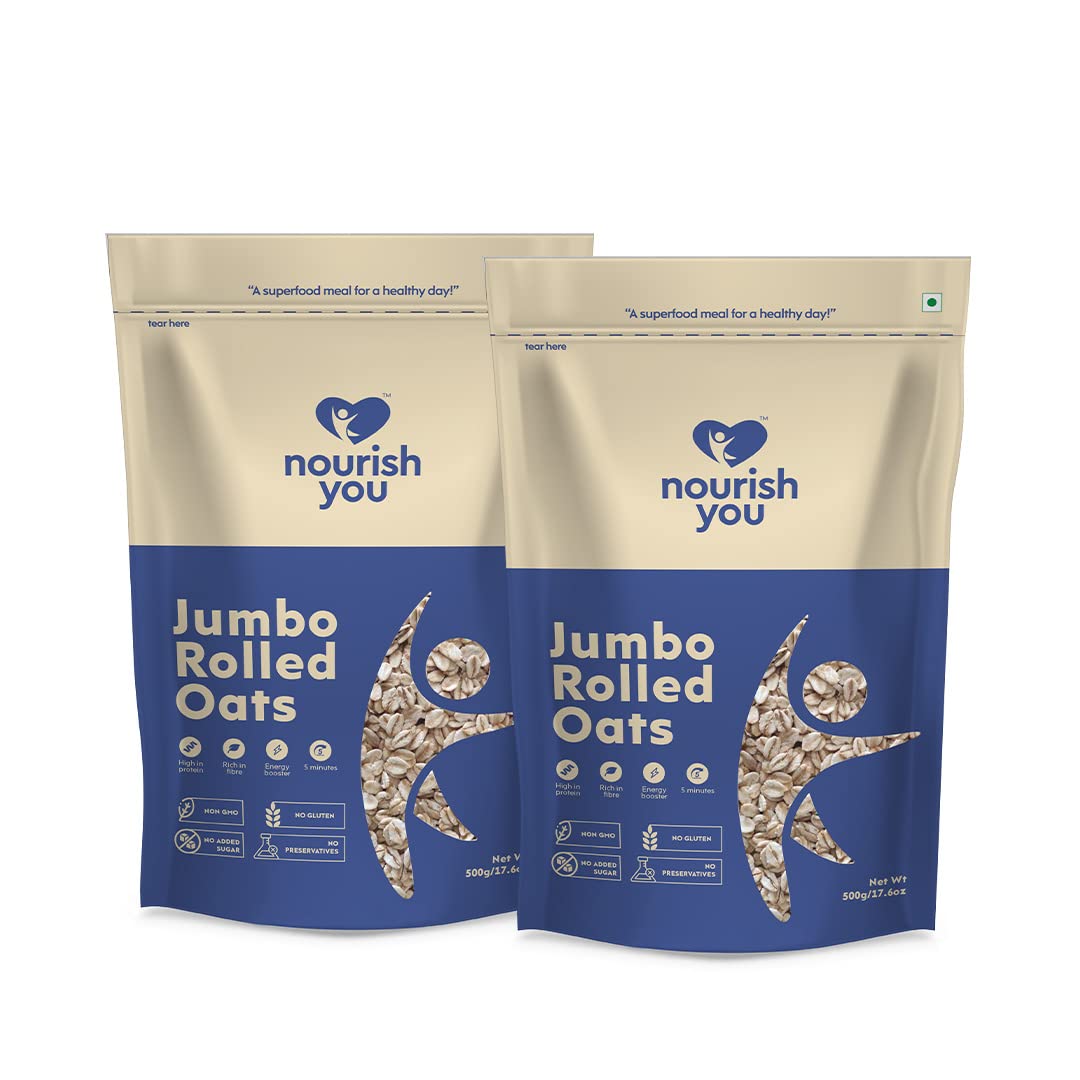 NOURISH YOU Jumbo Rolled Oats | Gluten Free | Whole Grain Rolled Oats with High Fibre & Protein | Diet food for Weight Management | 1 KG