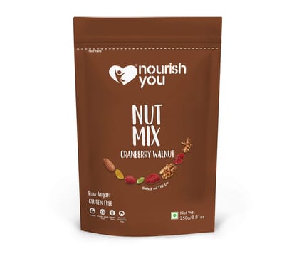 NOURISH YOU Cranberry Walnut Superfood Nut Mix - Dried Cranberries | Walnuts | Almonds | Black Raisins | Pumpkin Seeds - Healthy Snack-250 gm (Pack of 1)